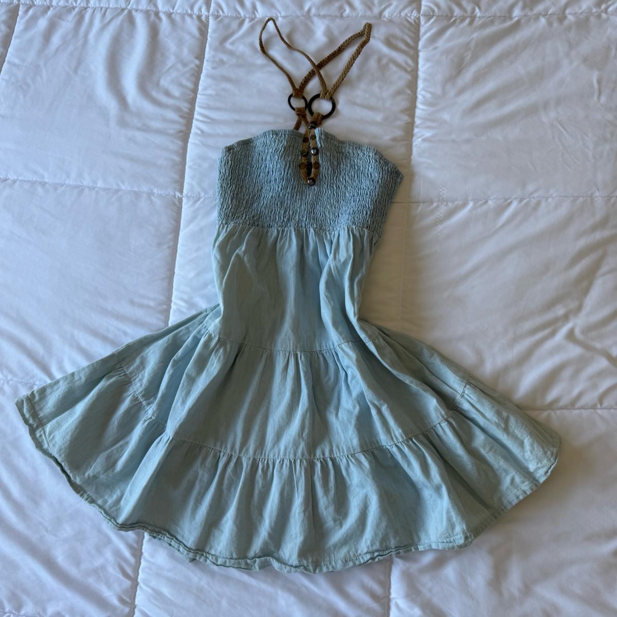 Mustard Seed Y2K Boho Seafoam Halter Mini Dress  Fairycore