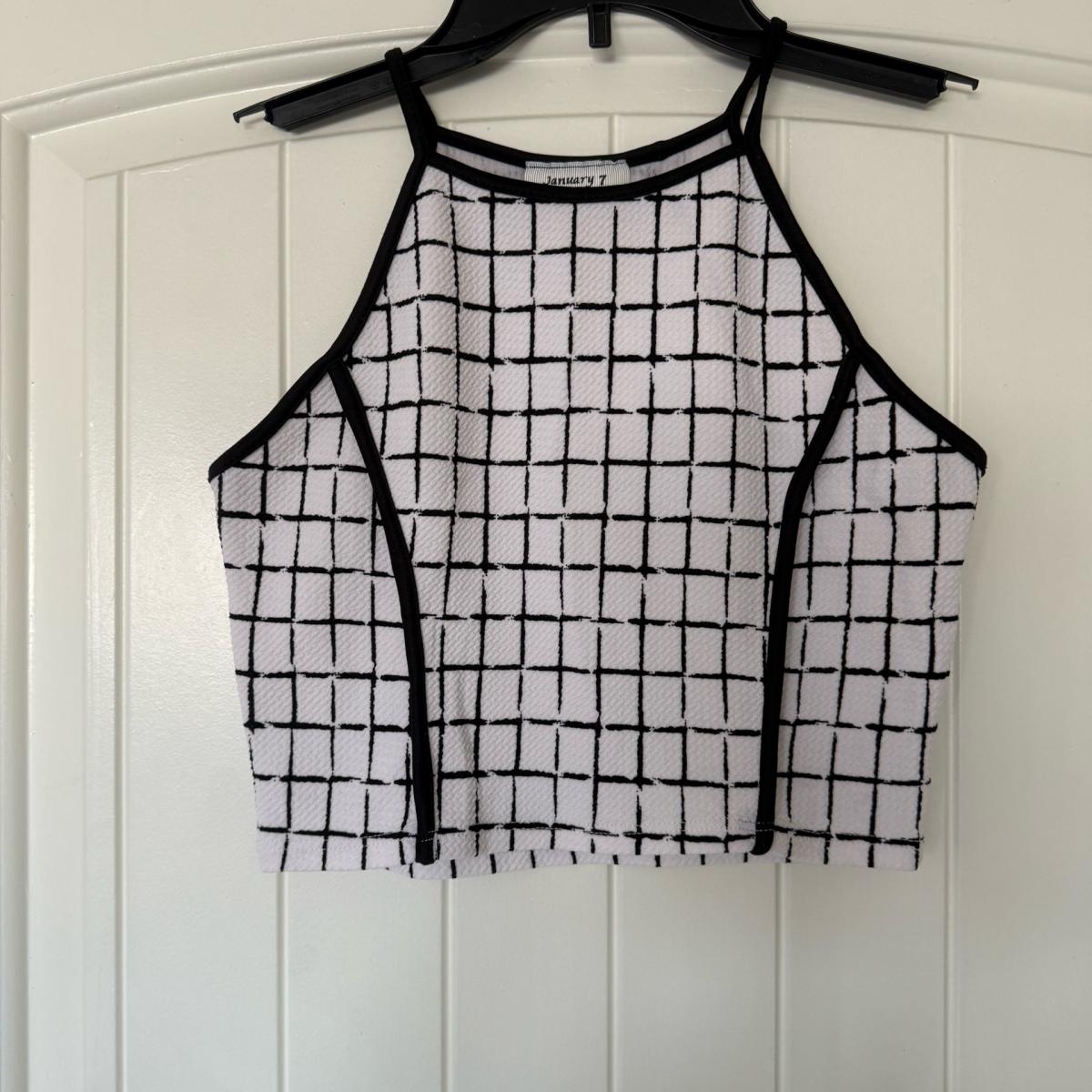Y2K Minimalist Grid Print Halter Crop Top  Black  White Aes