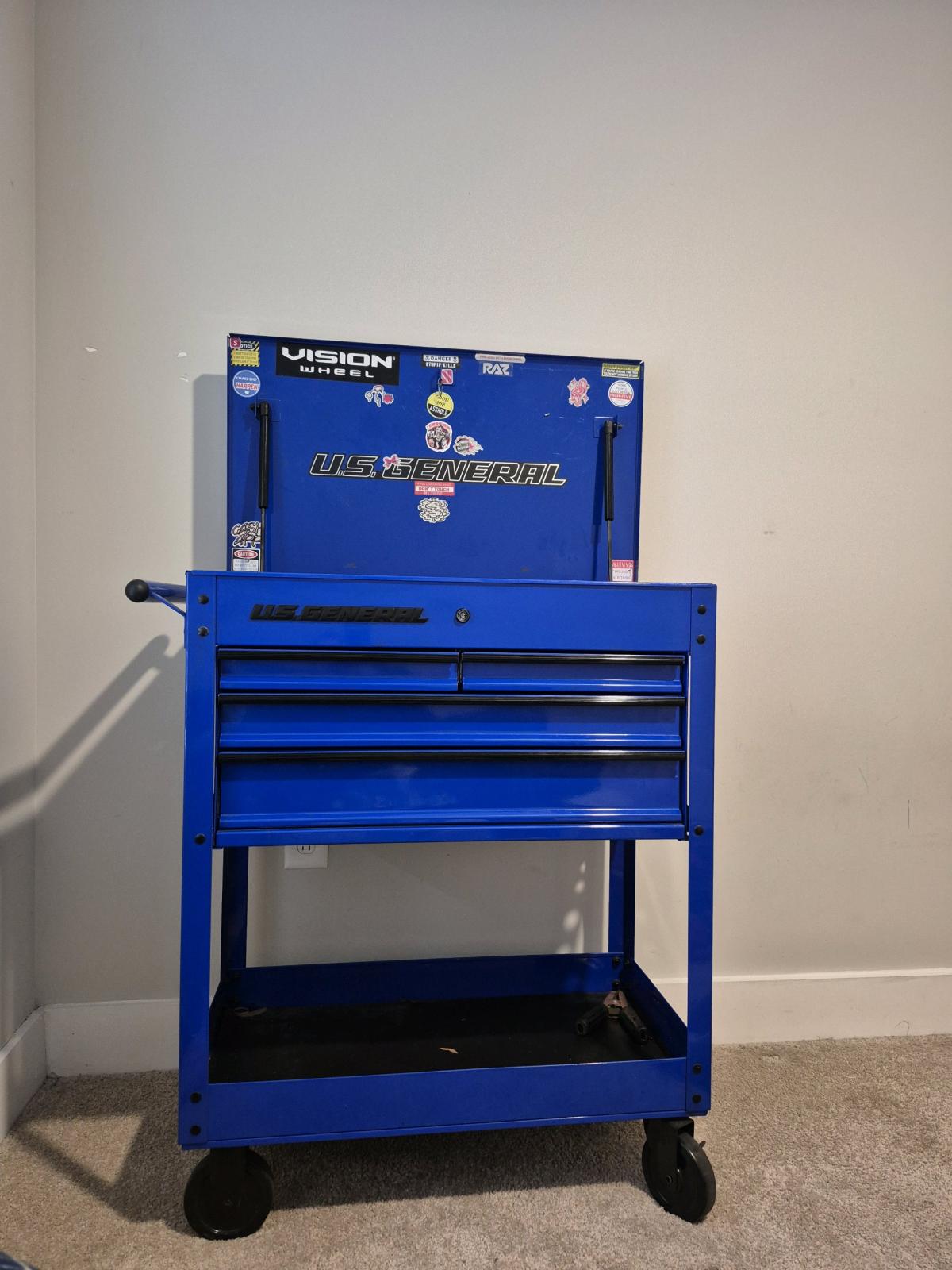 assortment of shop tools and US General toolbox