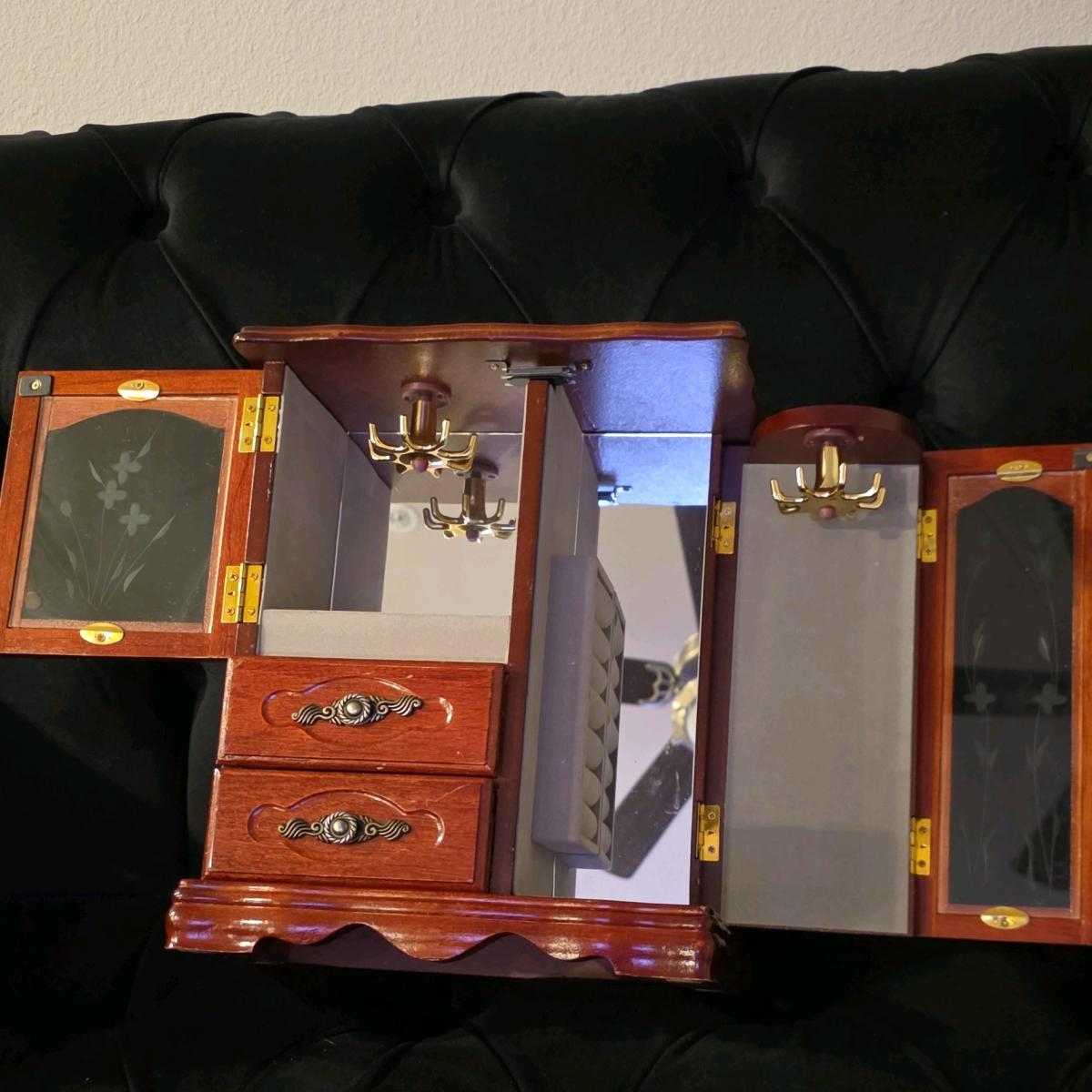 Wooden Jewelry Box with Glass Doors Drawers Mirror Lined Vel