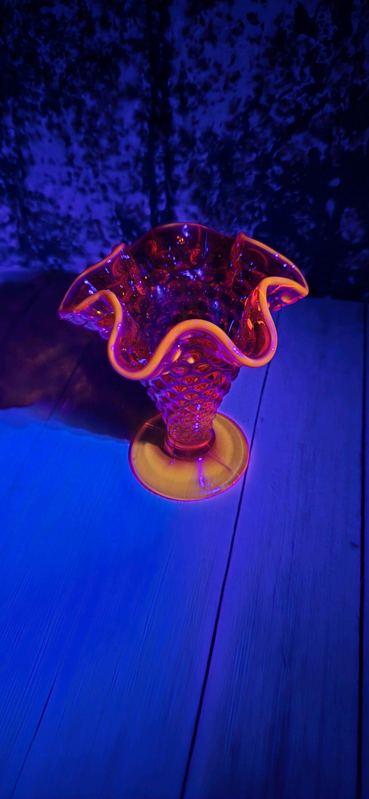 Amberina glass hobnail ruffled vase by Fenton Art Glass