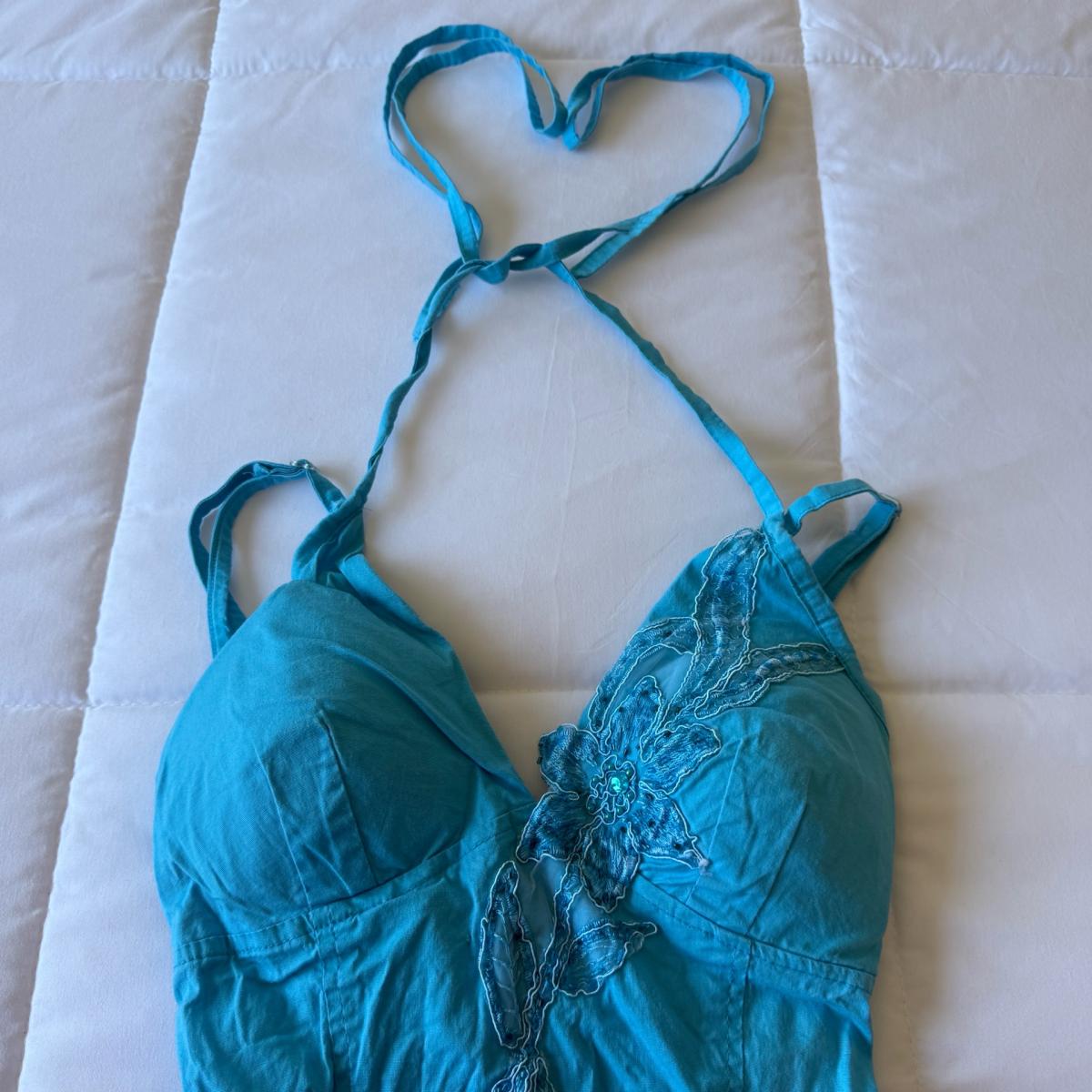 Y2K Turquoise Padded Halter Cami Top  Lace Appliqu Boho Fai