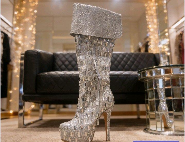 high heeled studded silver boots