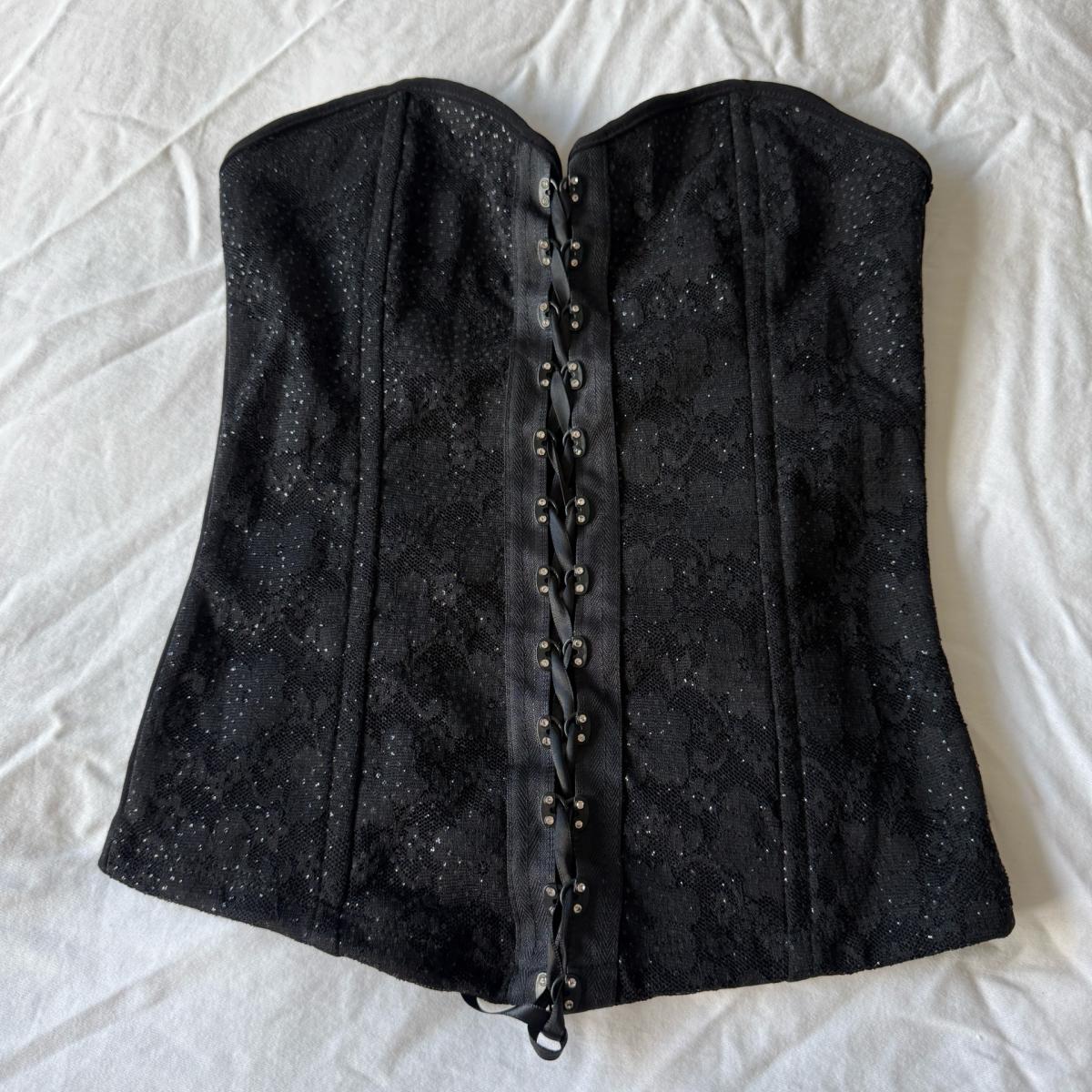 Black Lace Strapless Corset Bustier Top Boned Front Hook Clo