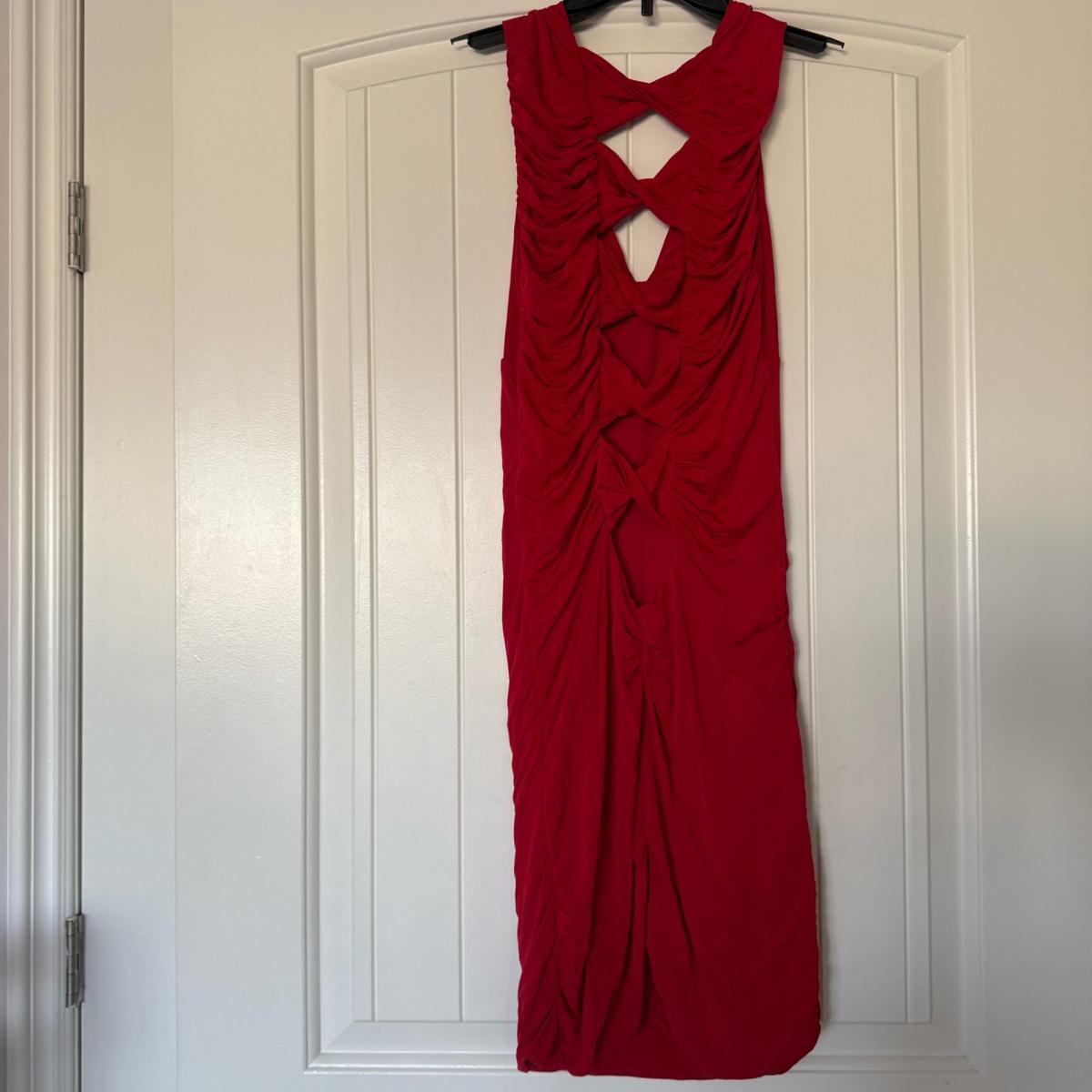 Bold Red Ruched Bodycon Midi Dress  Crisscross Back  Size S