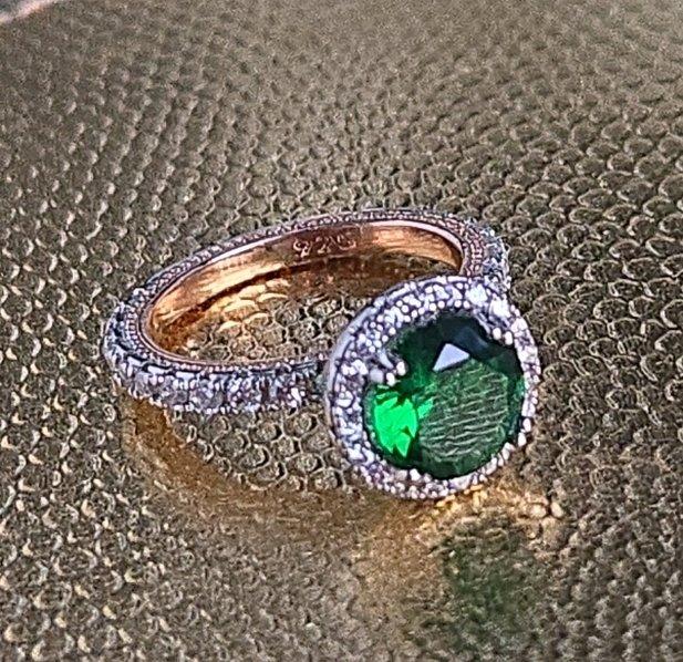 Sterling Silver  Rose Gold Emerald CZ Halo Ring