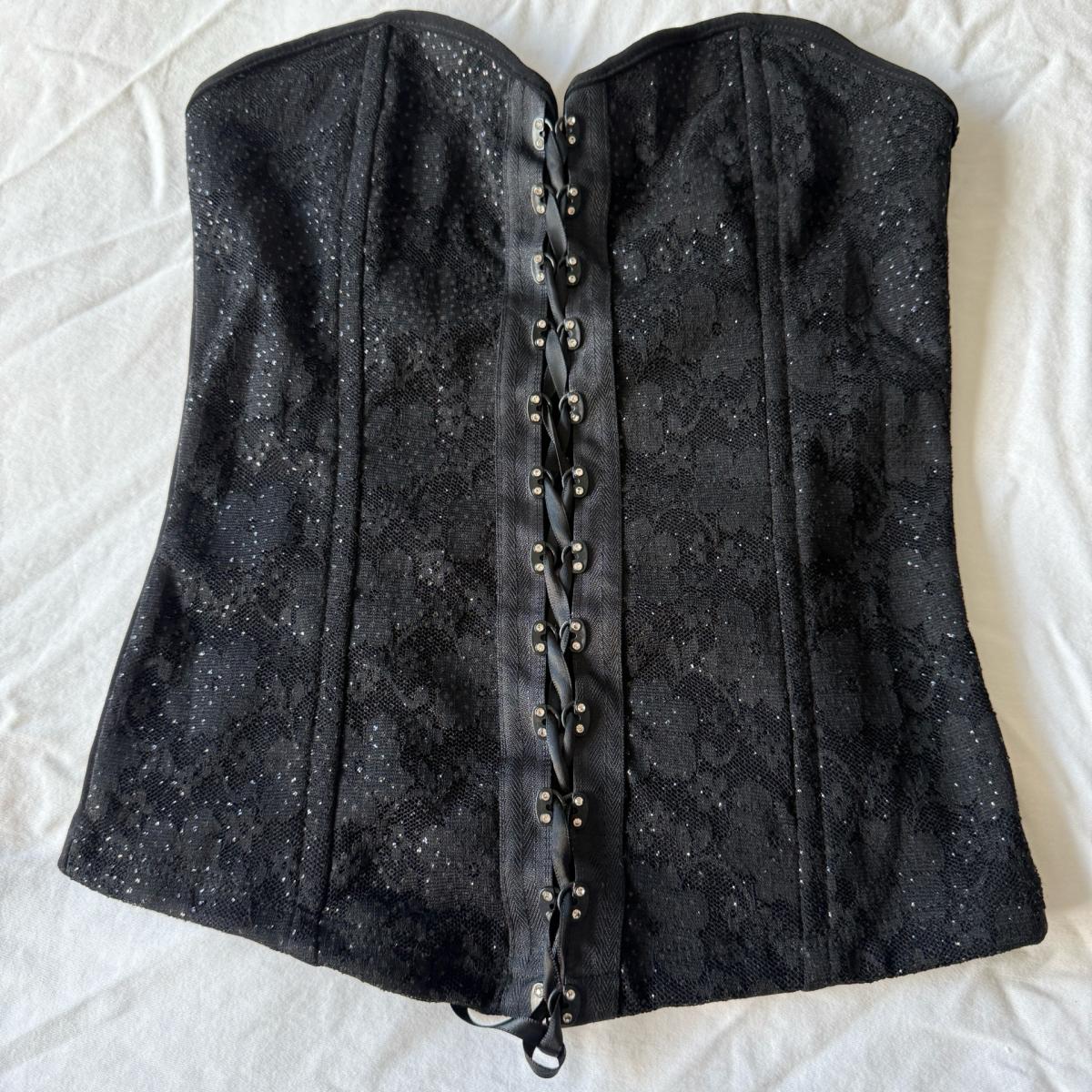 Black Lace Strapless Corset Bustier Top Boned Front Hook Clo