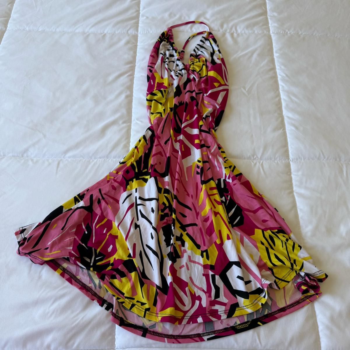 Y2K Tropical Print Cutout LaceUp Mini Dress  Pink Yellow