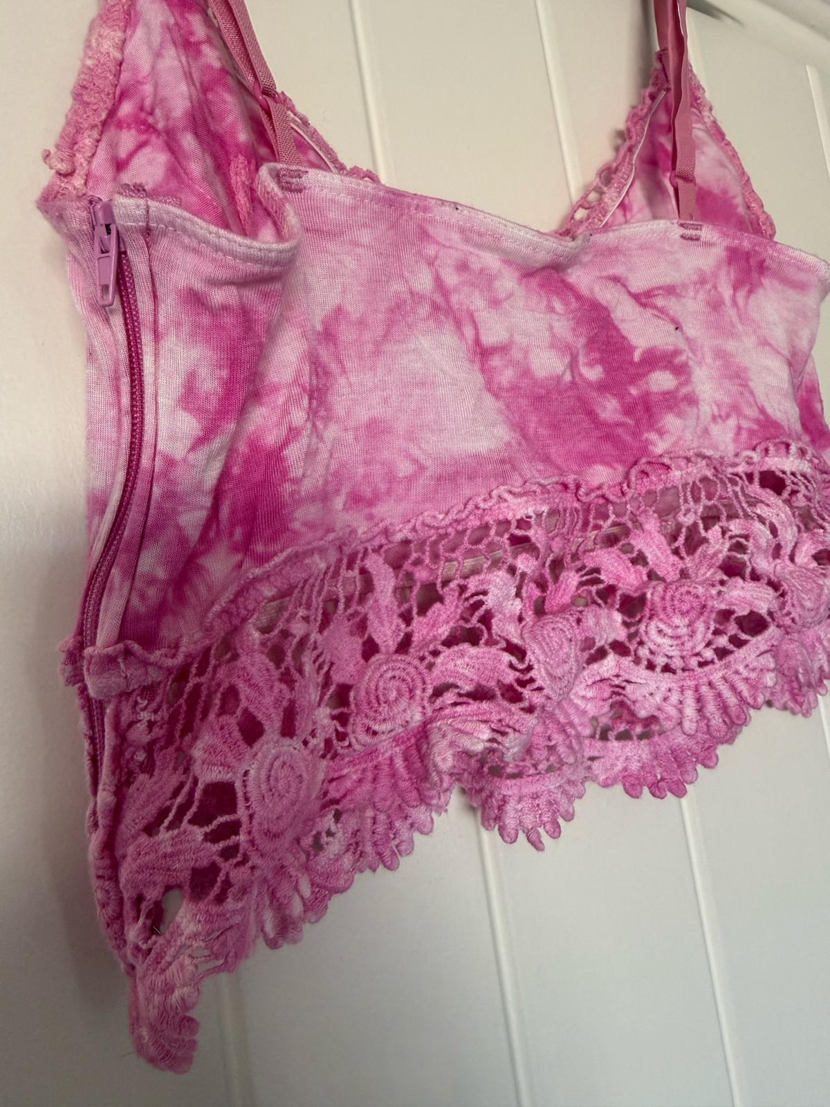 Pink TieDye Lace Bralette Crop Top  Boho Festival Style Cami