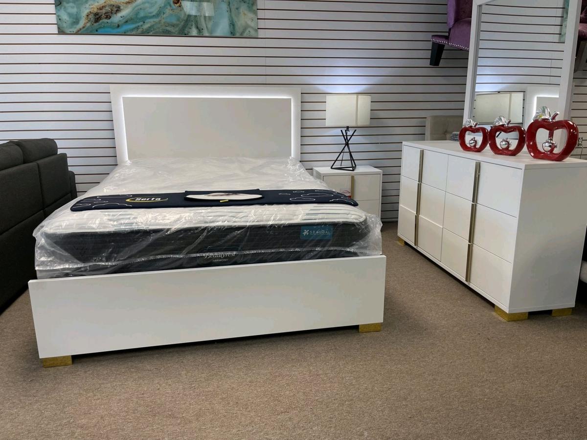 Modern White  Gold Bedroom Set with LED Bed  Queen Size