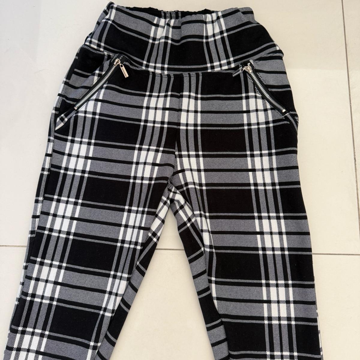 Black  White Plaid HighWaisted Skinny Pants with Zip Detail