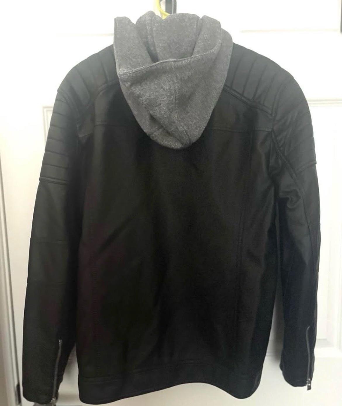 MENS HOODED FAUX LEATHER JACKET