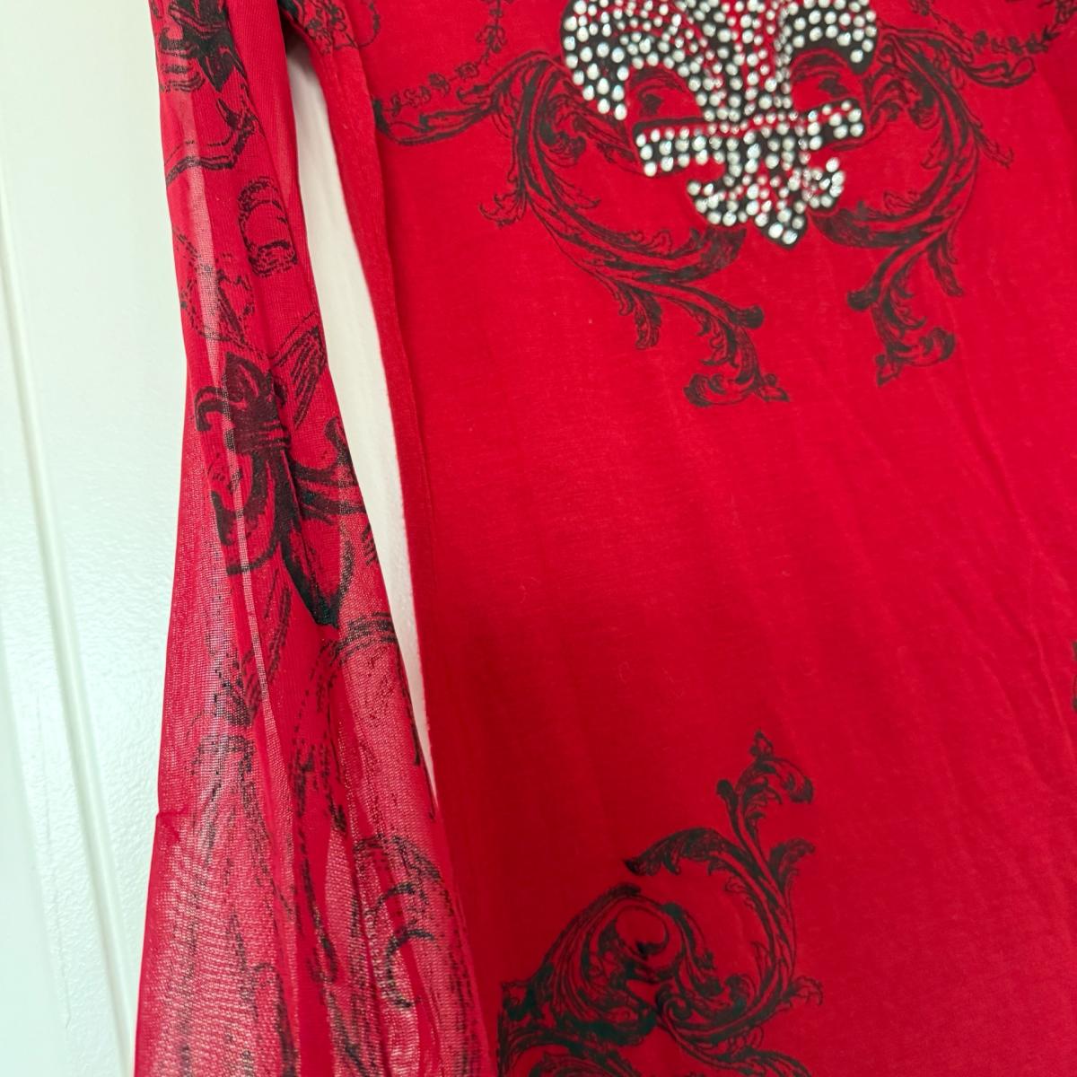 Y2K Gothic Rhinestone FleurdeLis Mesh Sleeve Top  Red  Black