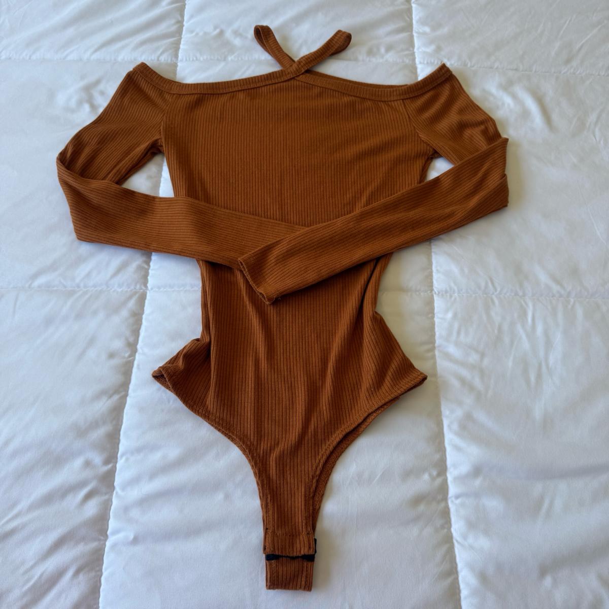 Boutique Cinnamon Ribbed Off Shoulder Crisscross Bodysuit