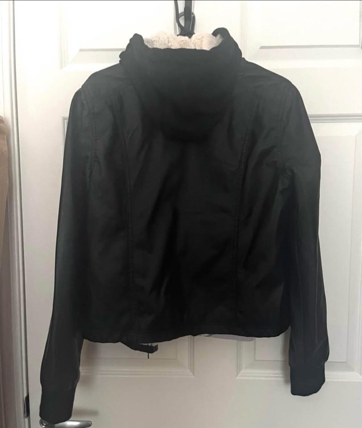 WOMENS HOODED FAUX LEATHER JACKET