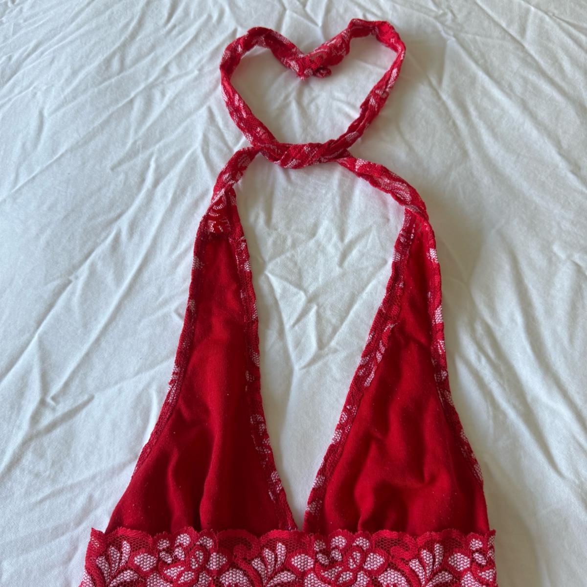 Red Floral Lace Halter Top  Sheer Plunge Babydoll  Romantic