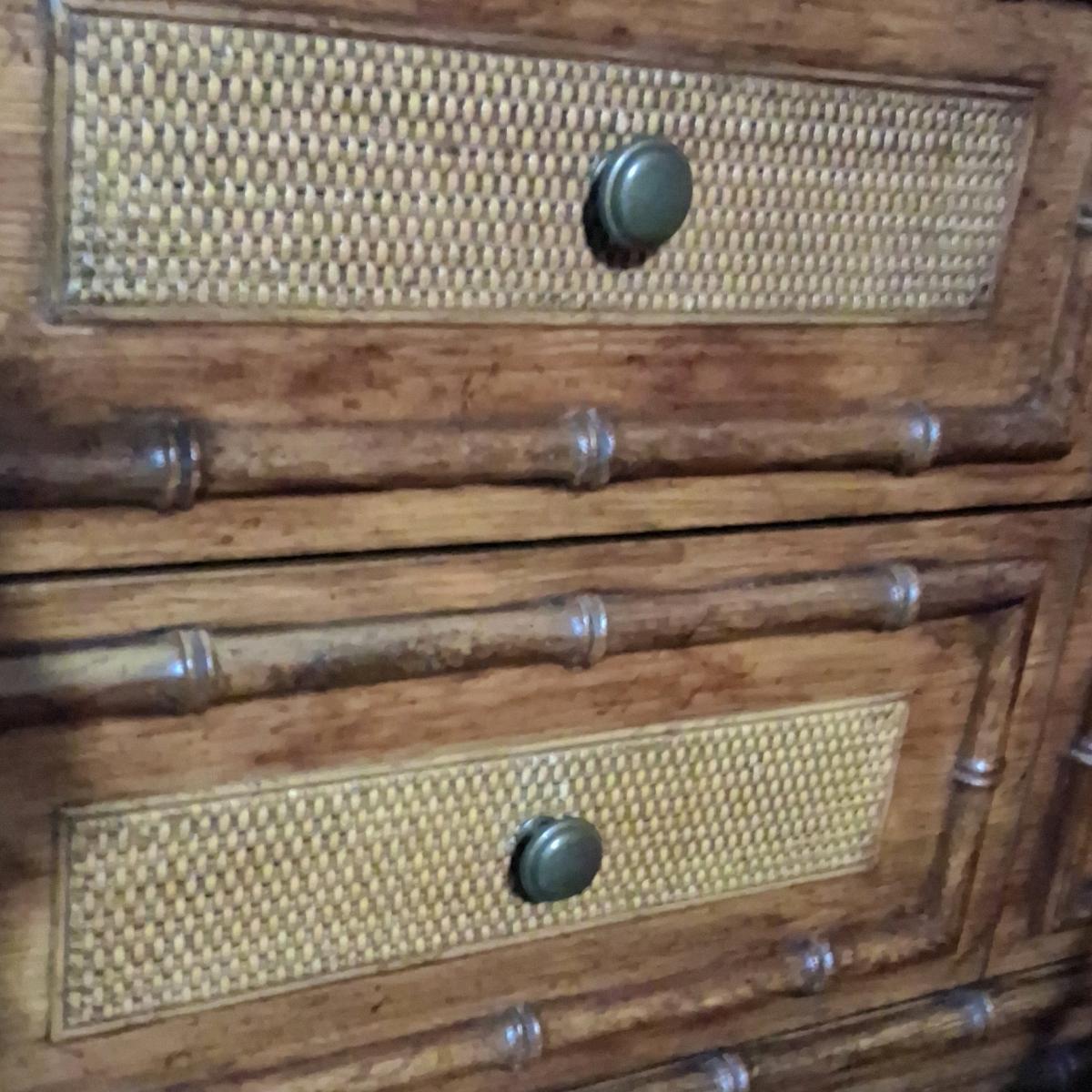 vintage Faux bamboo with rattan 5 drawer dresser