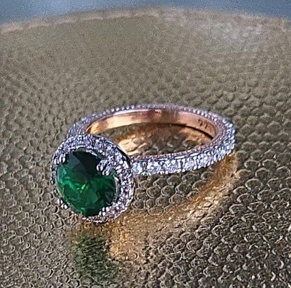 Sterling Silver  Rose Gold Emerald CZ Halo Ring