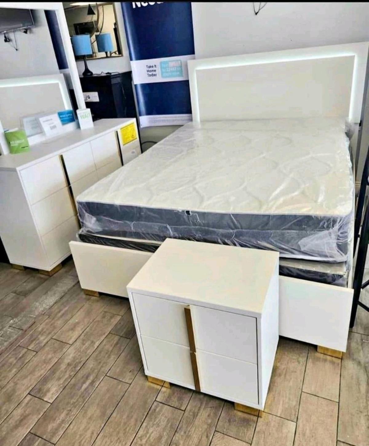 Modern White  Gold Bedroom Set with LED Bed  Queen Size