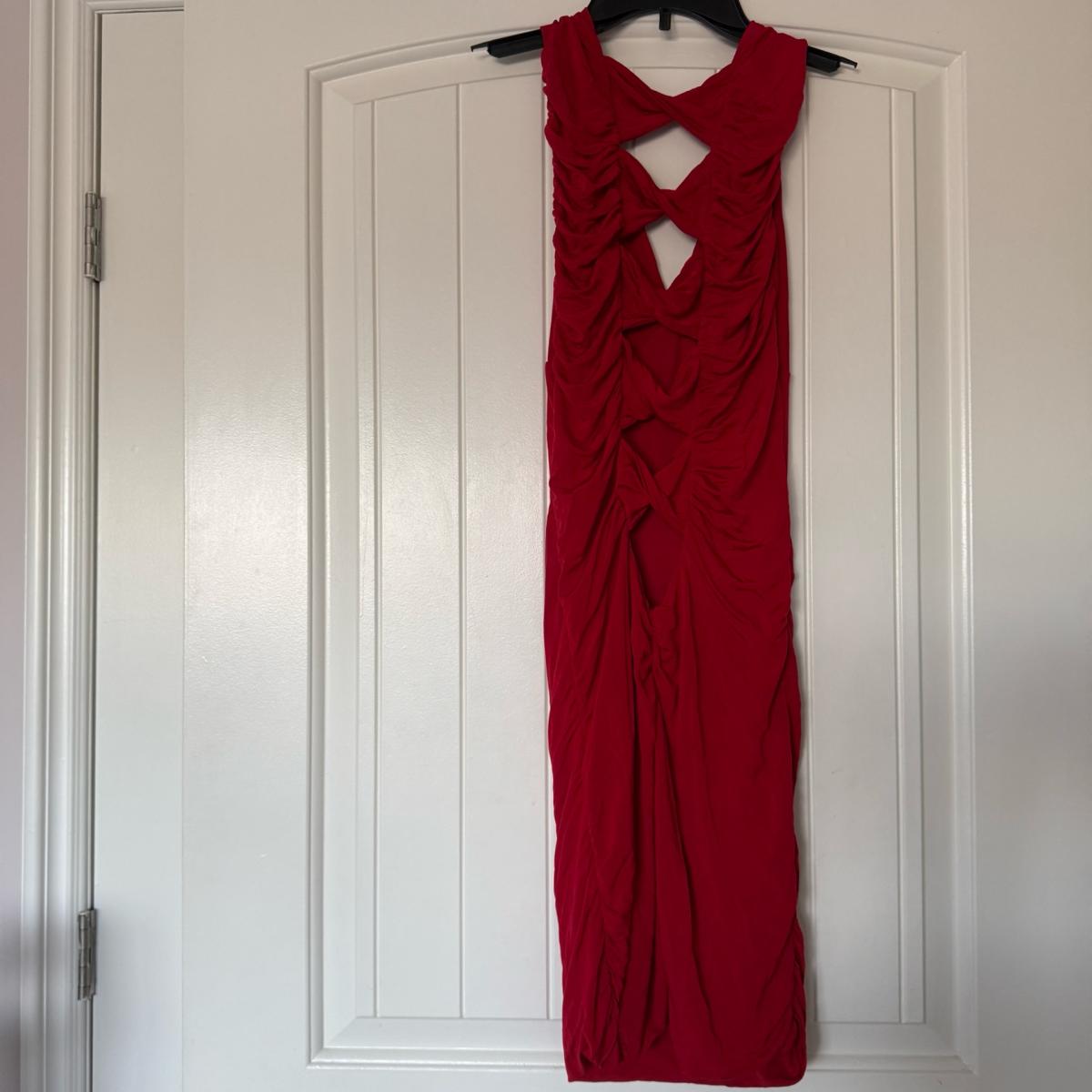 Bold Red Ruched Bodycon Midi Dress  Crisscross Back  Size S