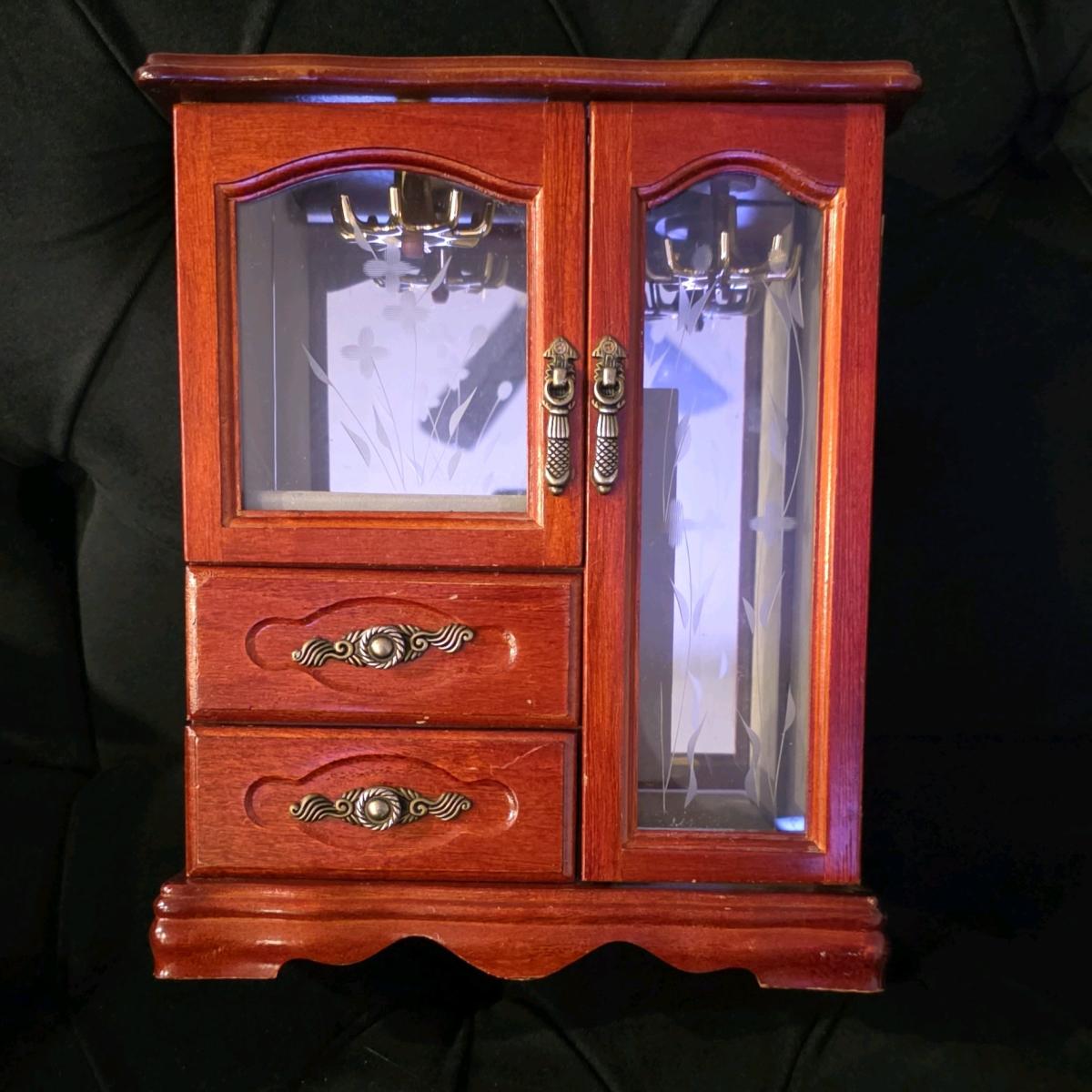 Wooden Jewelry Box with Glass Doors Drawers Mirror Lined Vel