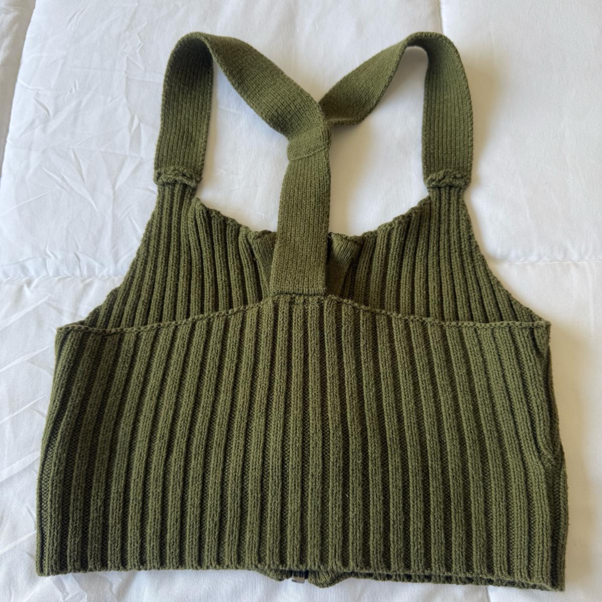 Olive Ribbed Knit ZipFront Halter Crop Top  Windsor  Size S
