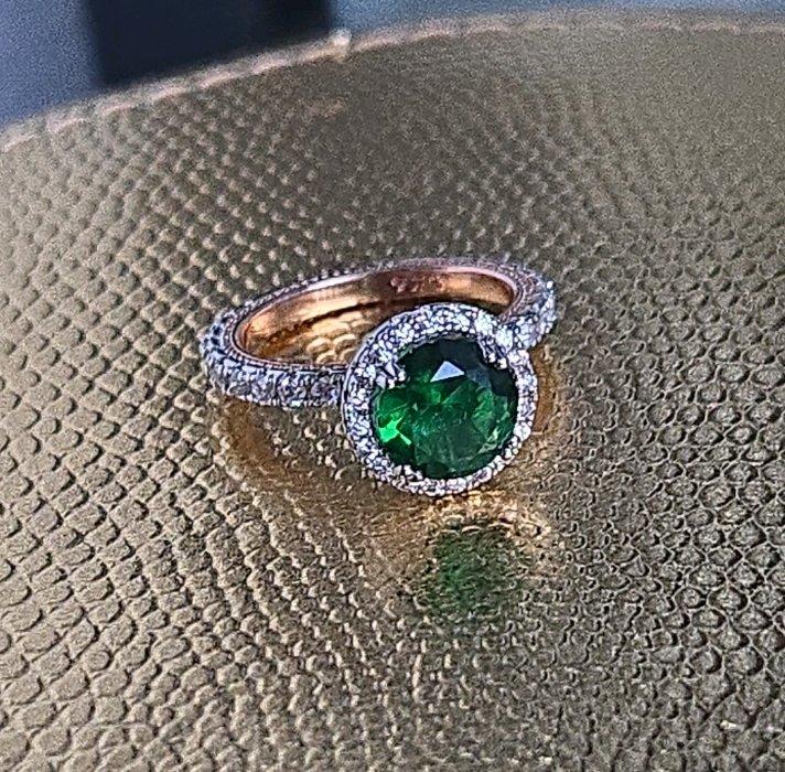 Sterling Silver  Rose Gold Emerald CZ Halo Ring