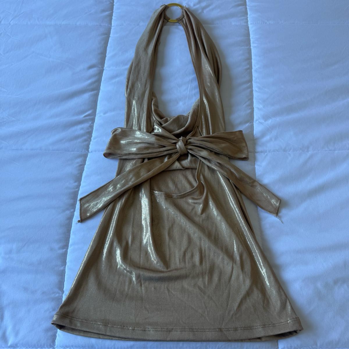 Y2K Gold Metallic Backless Halter Top O Ring Neck Wrap Tie