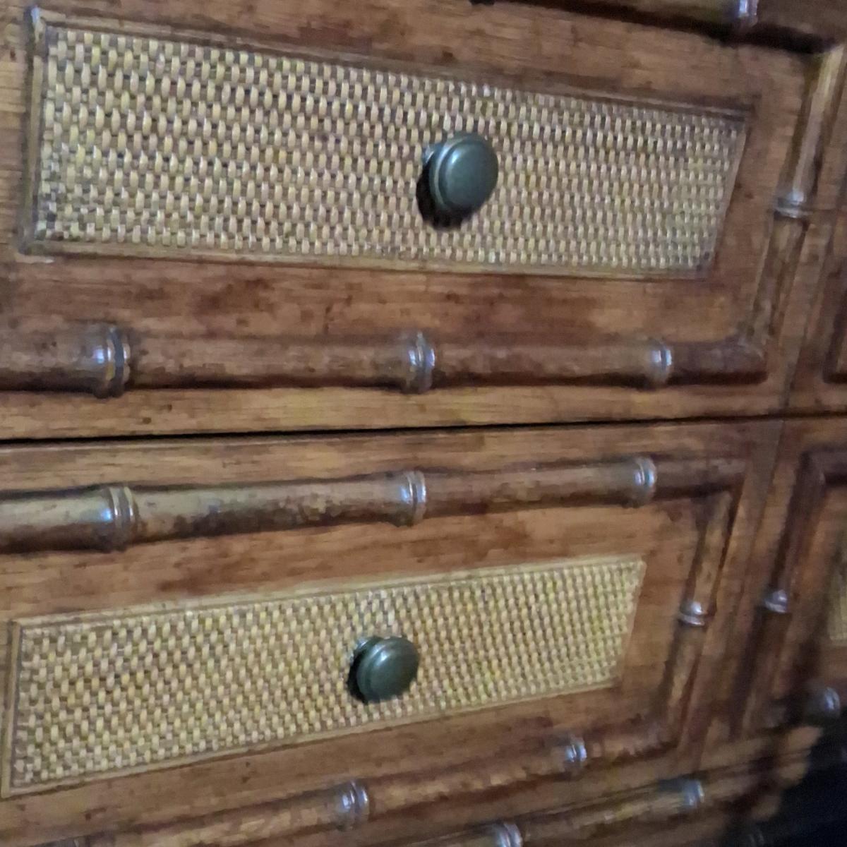 vintage Faux bamboo with rattan 5 drawer dresser