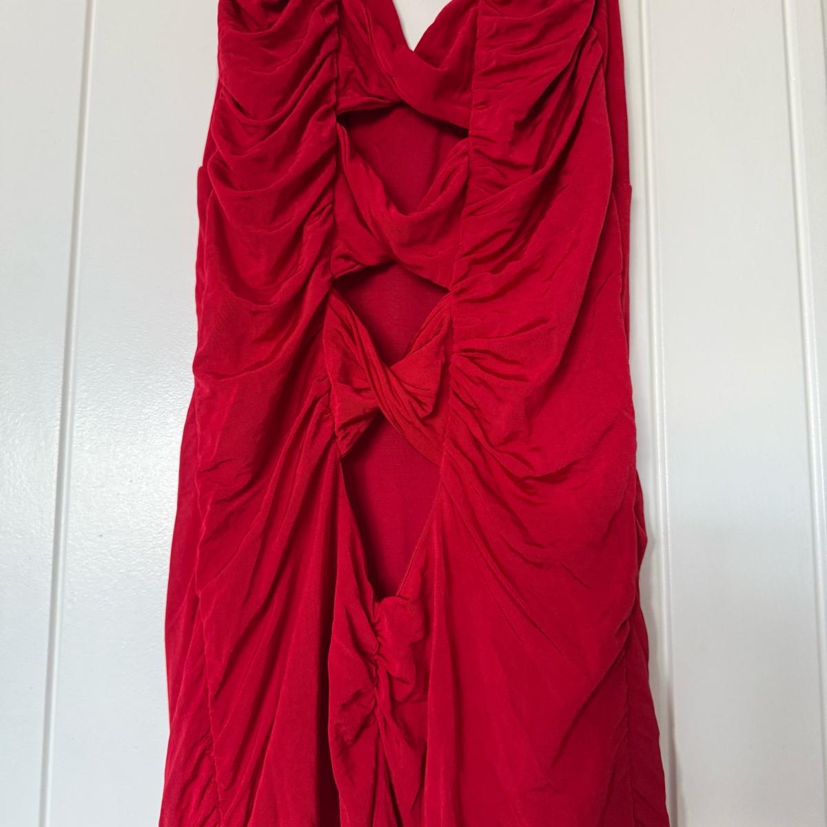 Bold Red Ruched Bodycon Midi Dress  Crisscross Back  Size S
