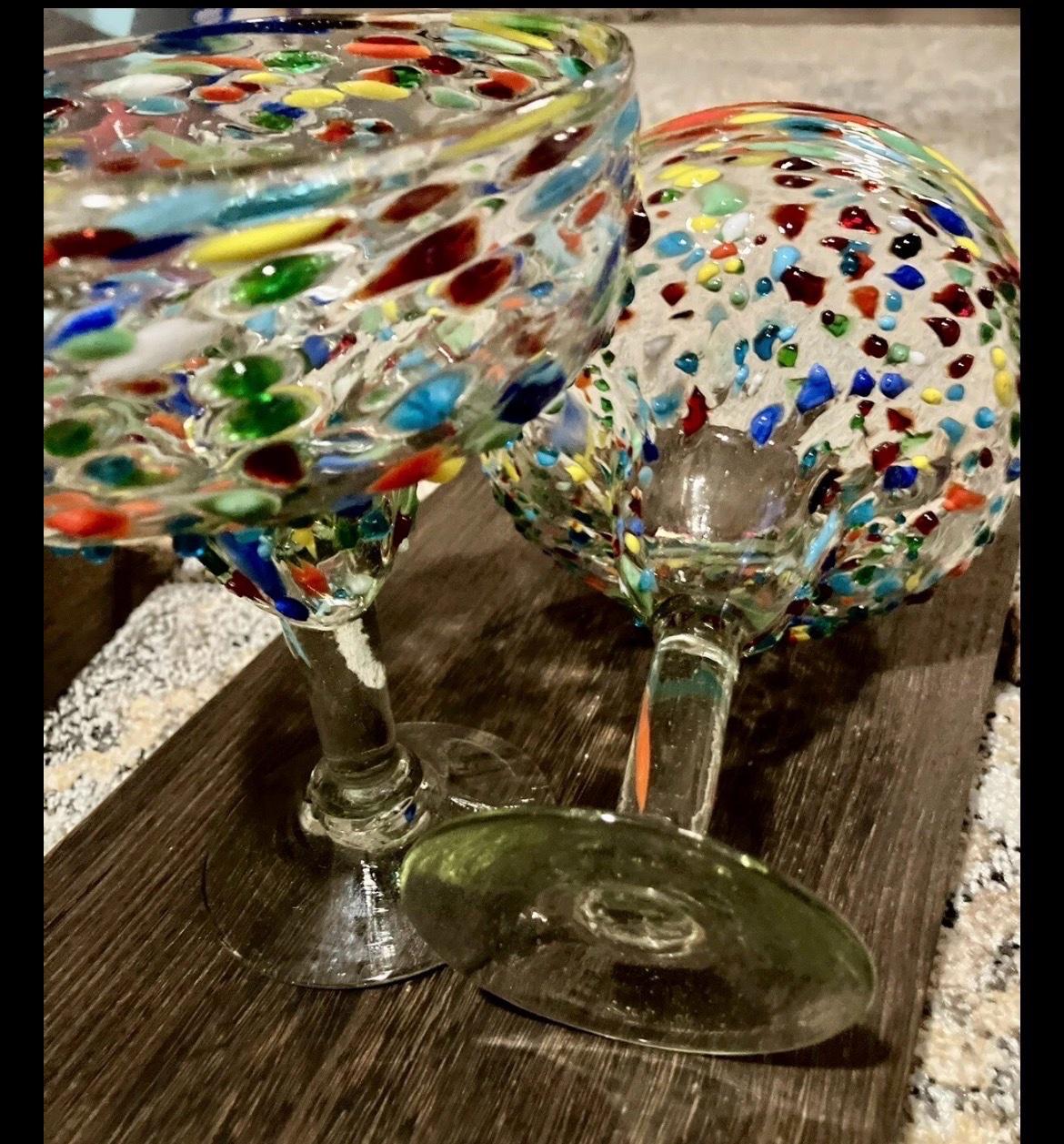 Mexican Hand Blown Margarita Glasses Confetti Set of 2
