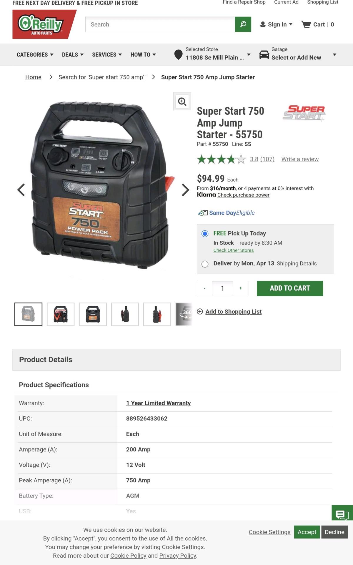 750 amp power battery jumperer New from OReileys Super brand