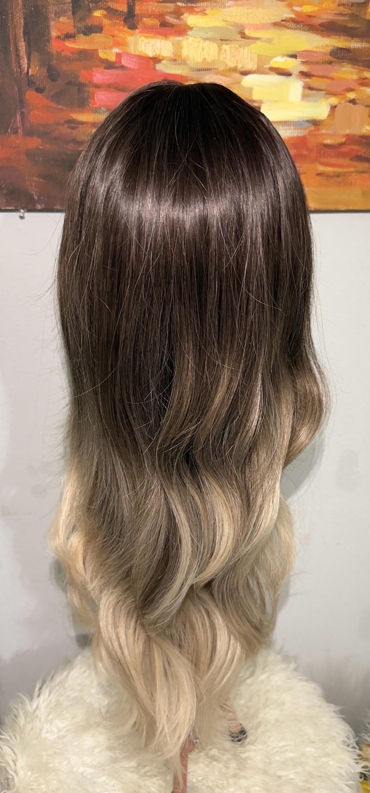 Synthetic Blend Ombre Brown Wig with Bangs and realistic sca