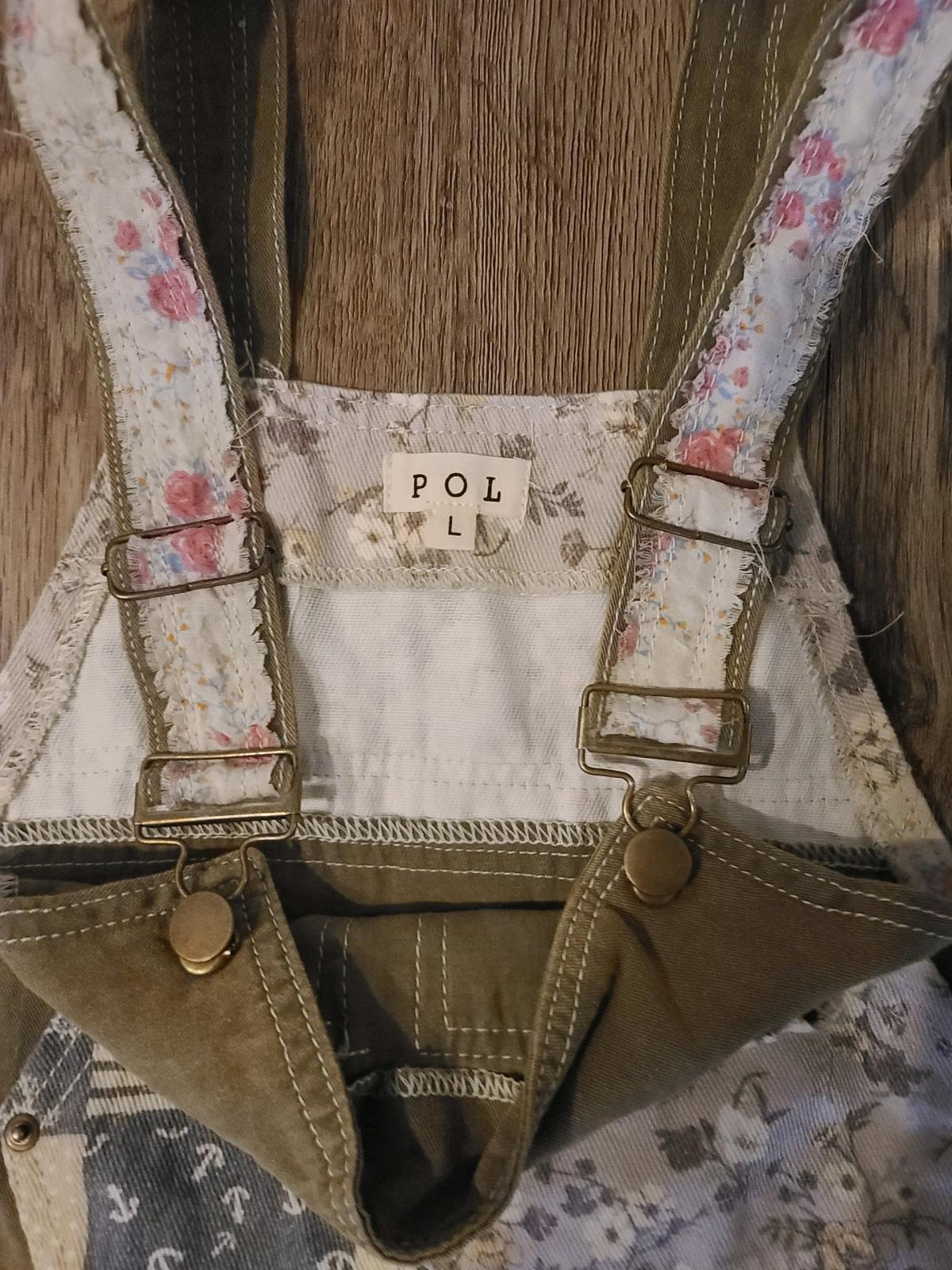 POL Overalls Womens L Green Patchwork Embroidered Wide Leg F