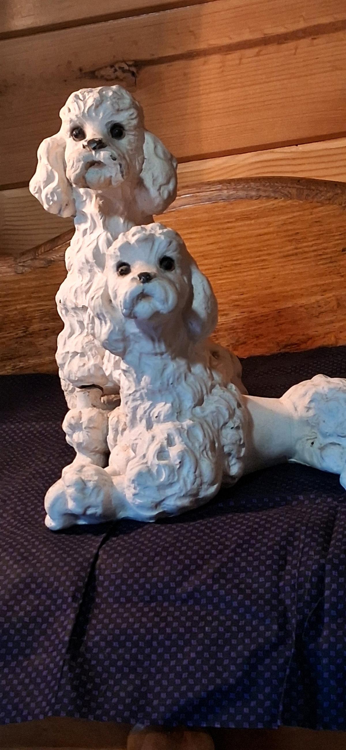 Vintage White Chalkware Poodle Dog Statues