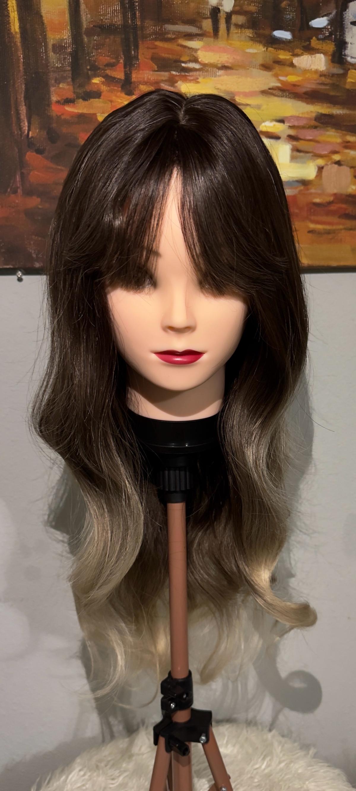 Synthetic Blend Ombre Brown Wig with Bangs and realistic sca