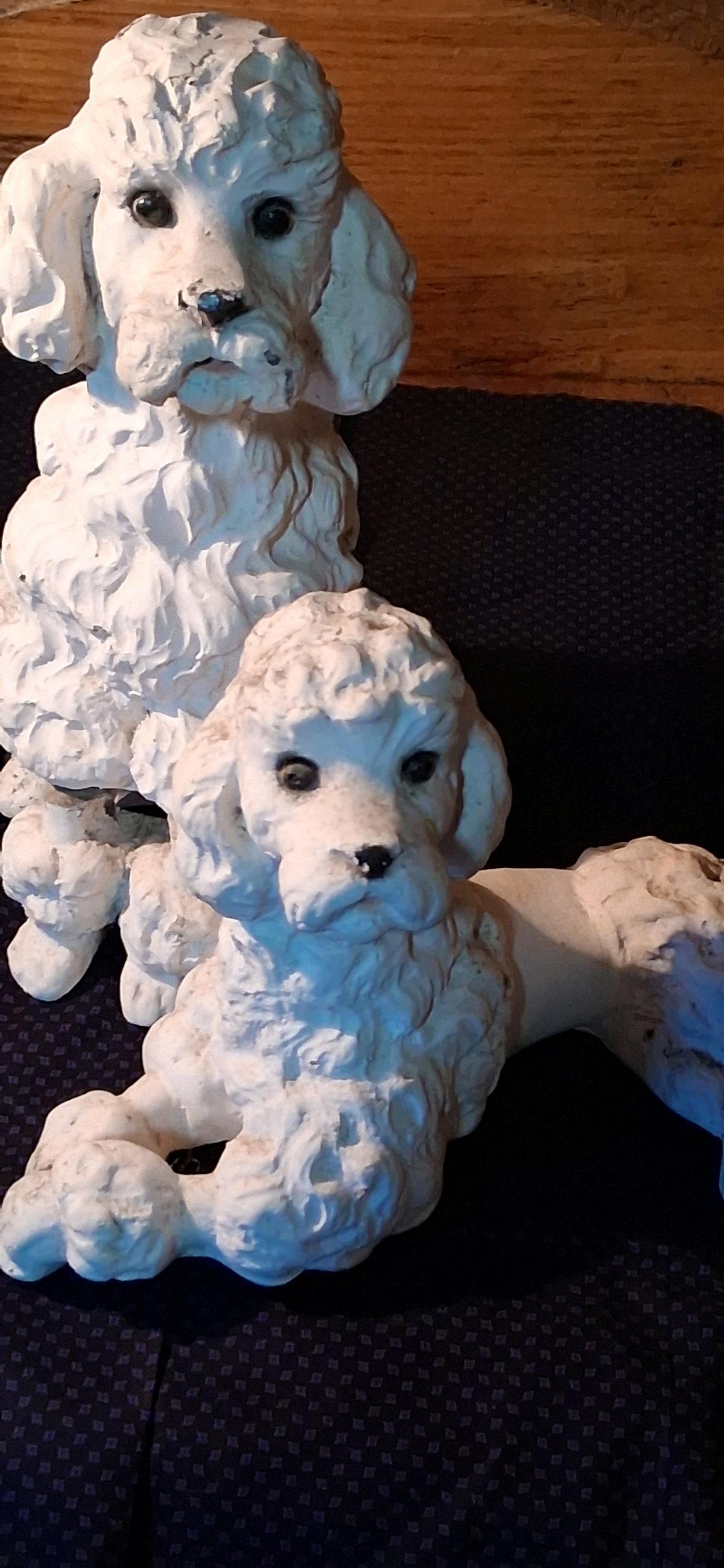 Vintage White Chalkware Poodle Dog Statues