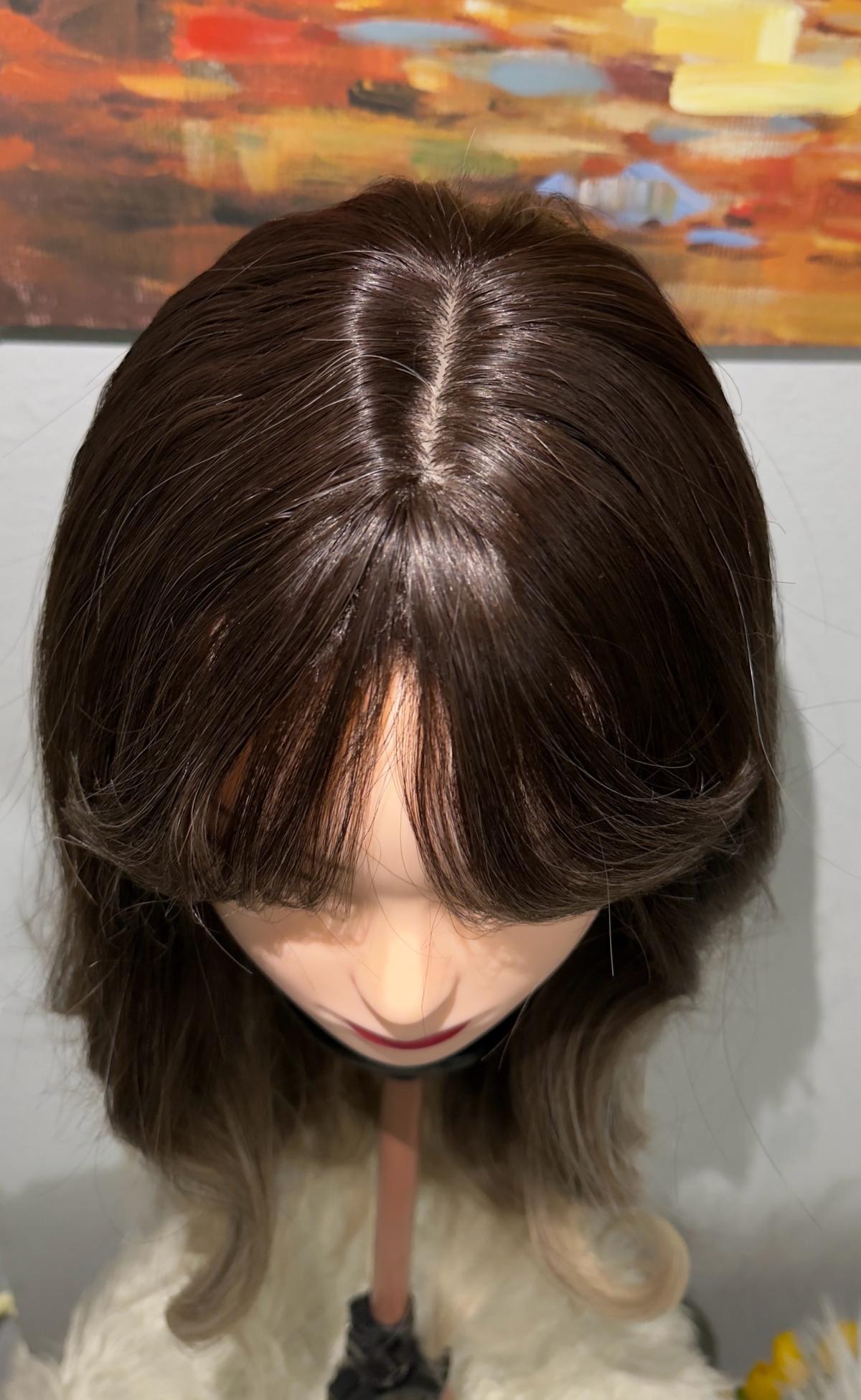 Synthetic Blend Ombre Brown Wig with Bangs and realistic sca