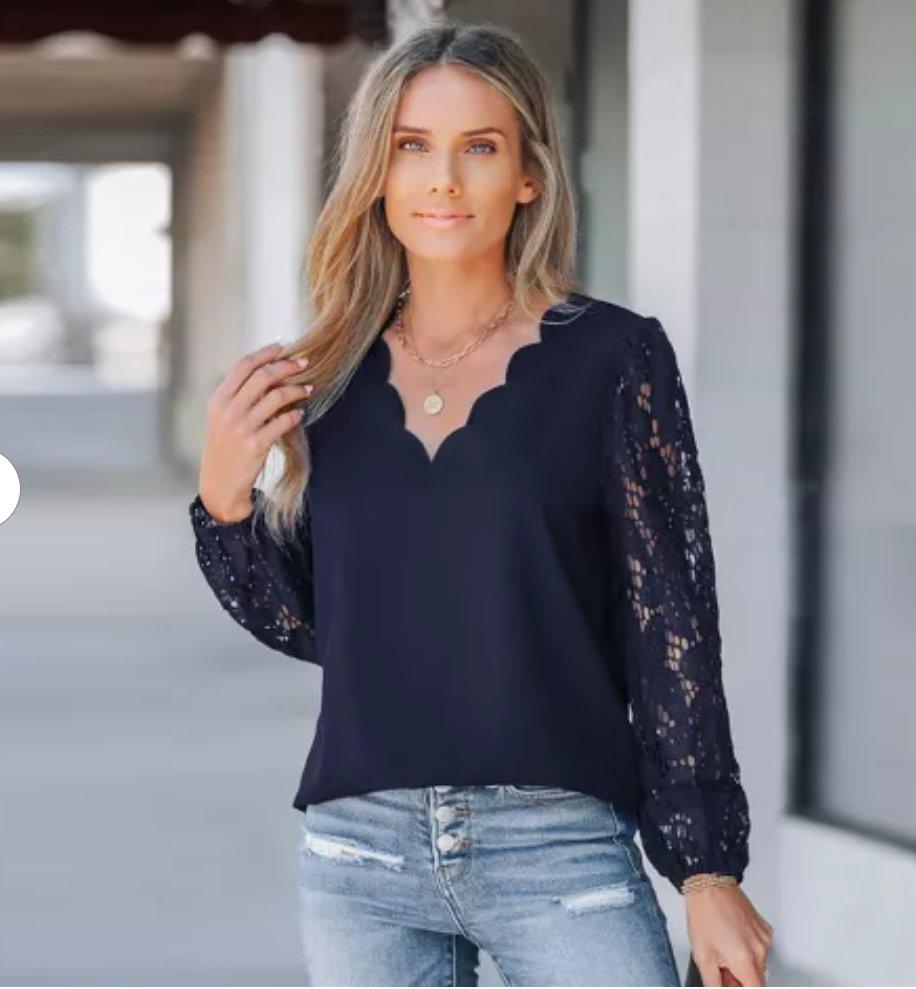 Cupshe Navy Lace Sleeve Blouse Womens Medium Elegant Long Sl