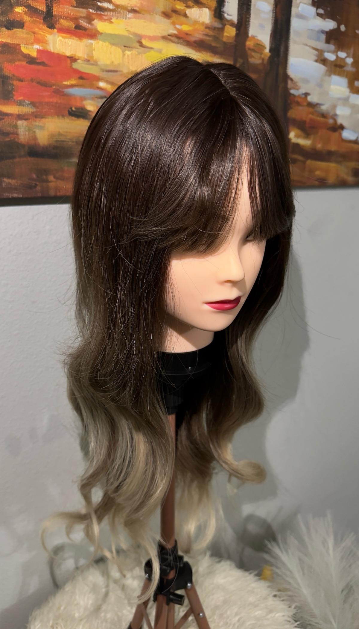 Synthetic Blend Ombre Brown Wig with Bangs and realistic sca