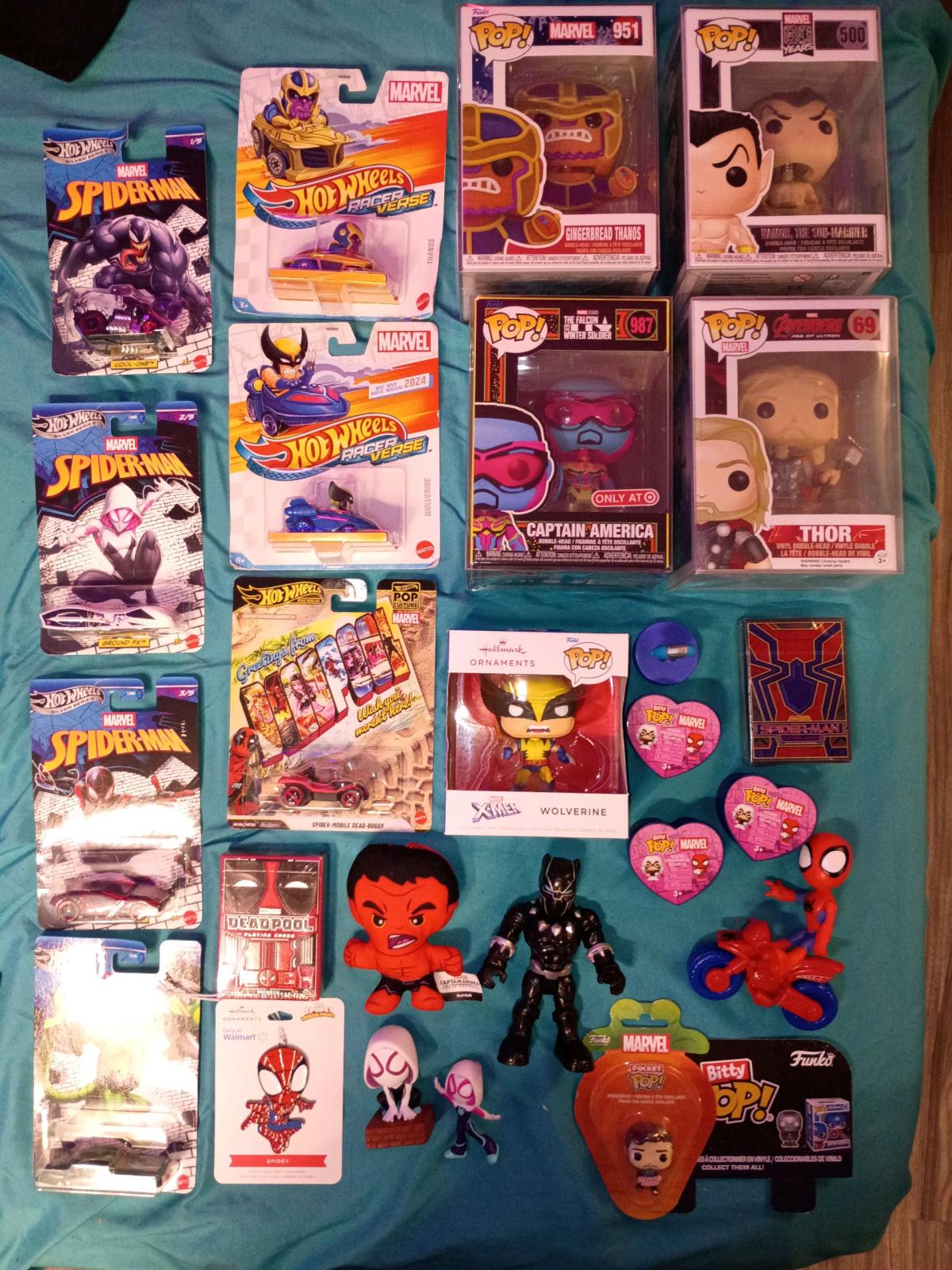 misc marvel funkos and hotwheels