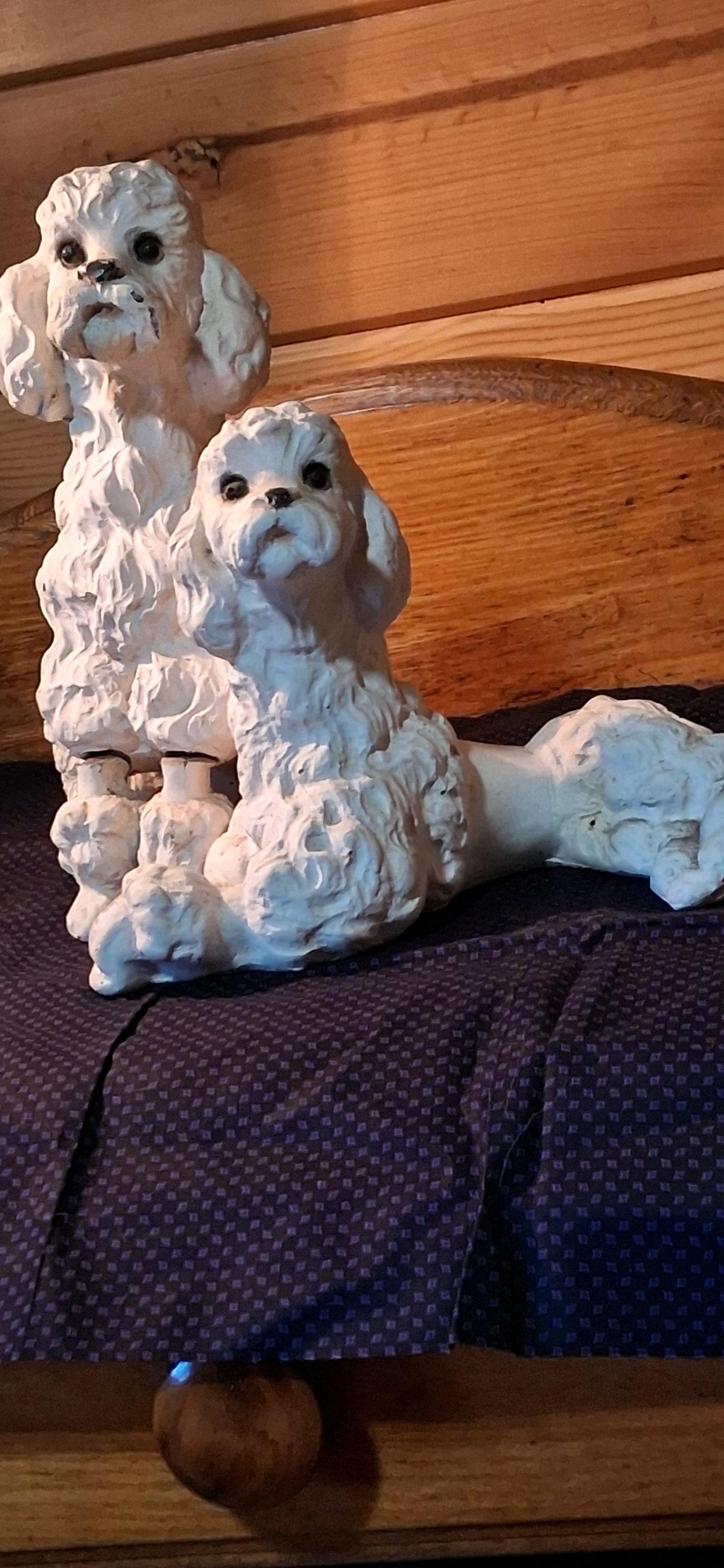Vintage White Chalkware Poodle Dog Statues