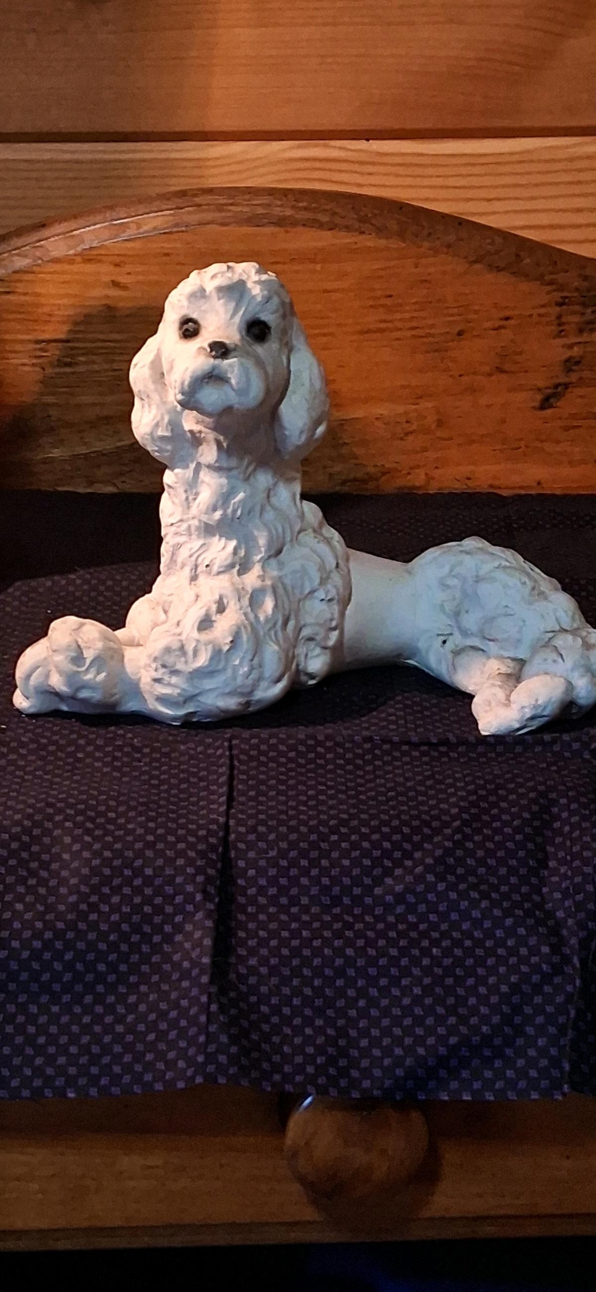 Vintage White Chalkware Poodle Dog Statues