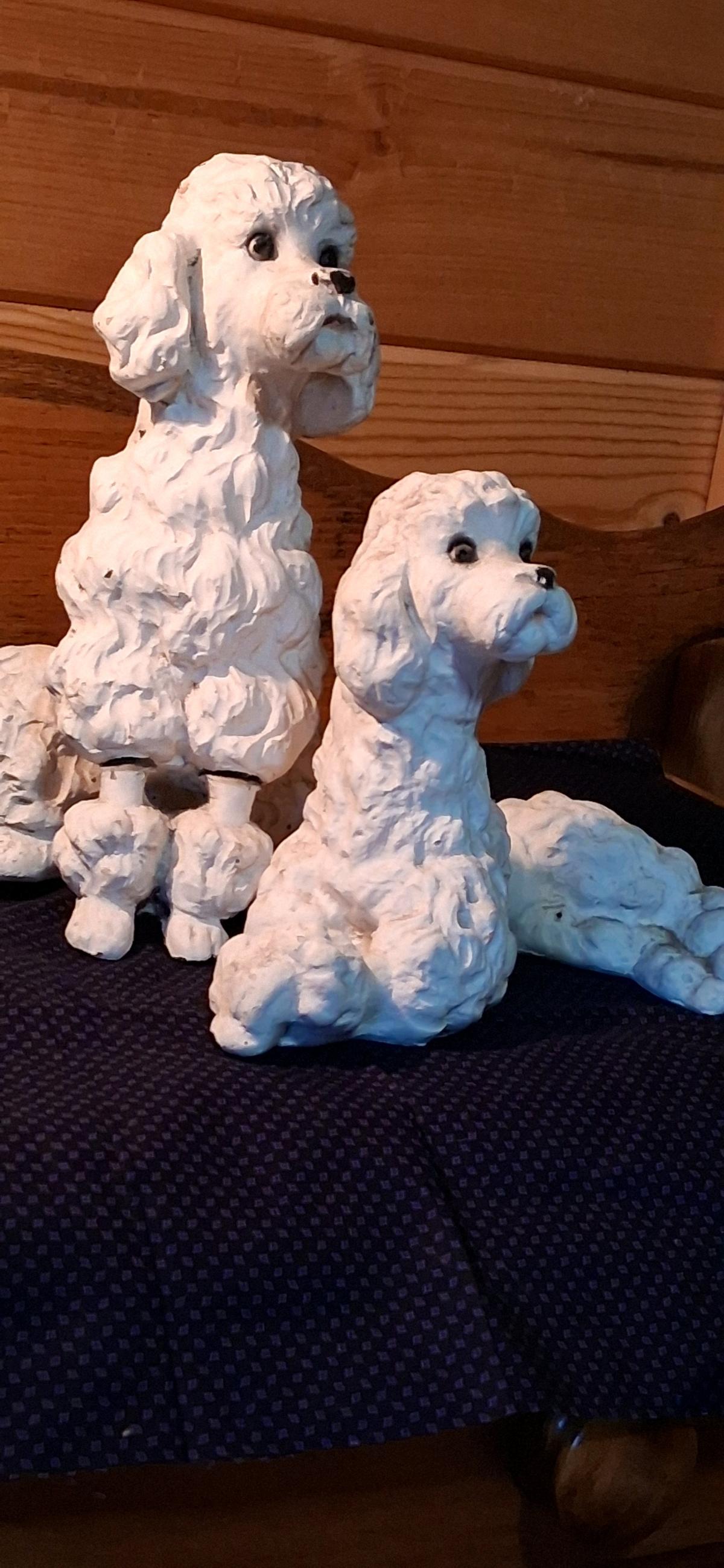 Vintage White Chalkware Poodle Dog Statues