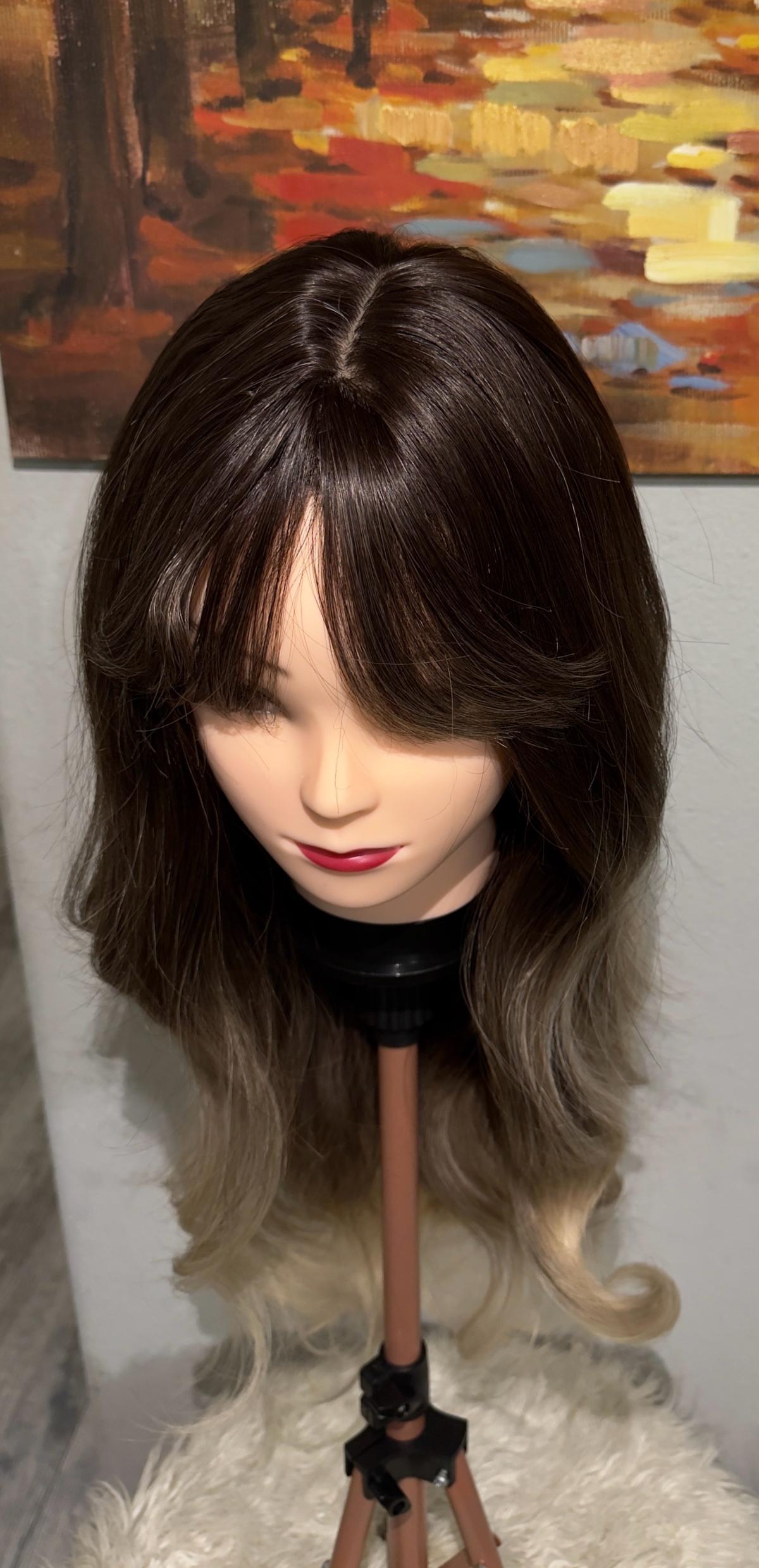 Synthetic Blend Ombre Brown Wig with Bangs and realistic sca
