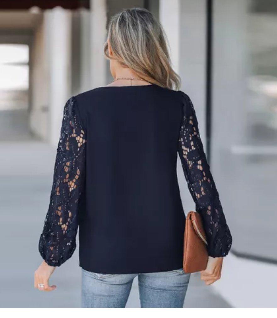 Cupshe Navy Lace Sleeve Blouse Womens Medium Elegant Long Sl