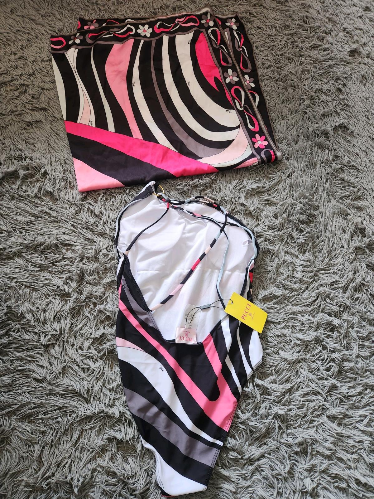 Emilio Pucci Pink  Black Swirl OnePiece with Matching Scarf