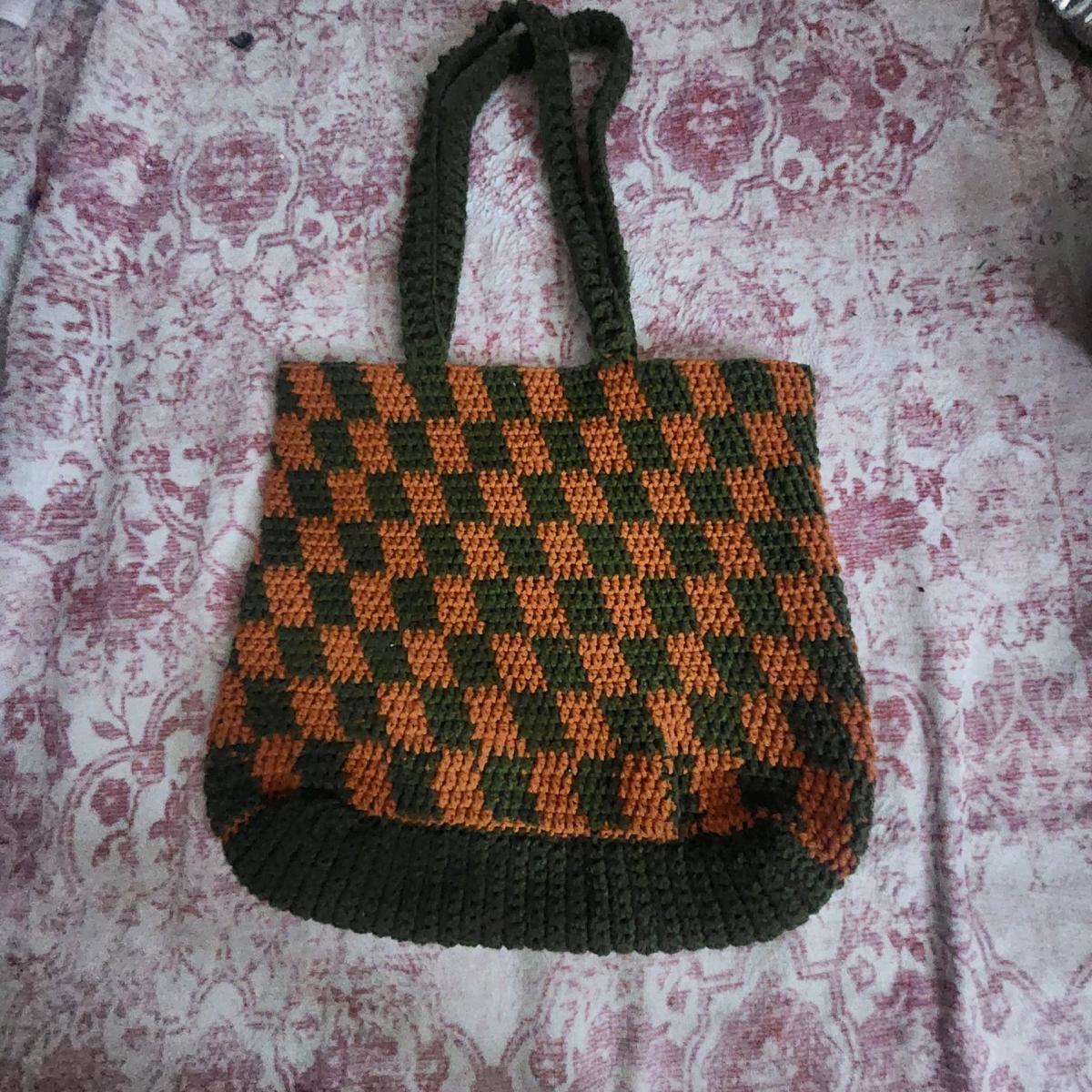 handmade crochet checkered tote bag
