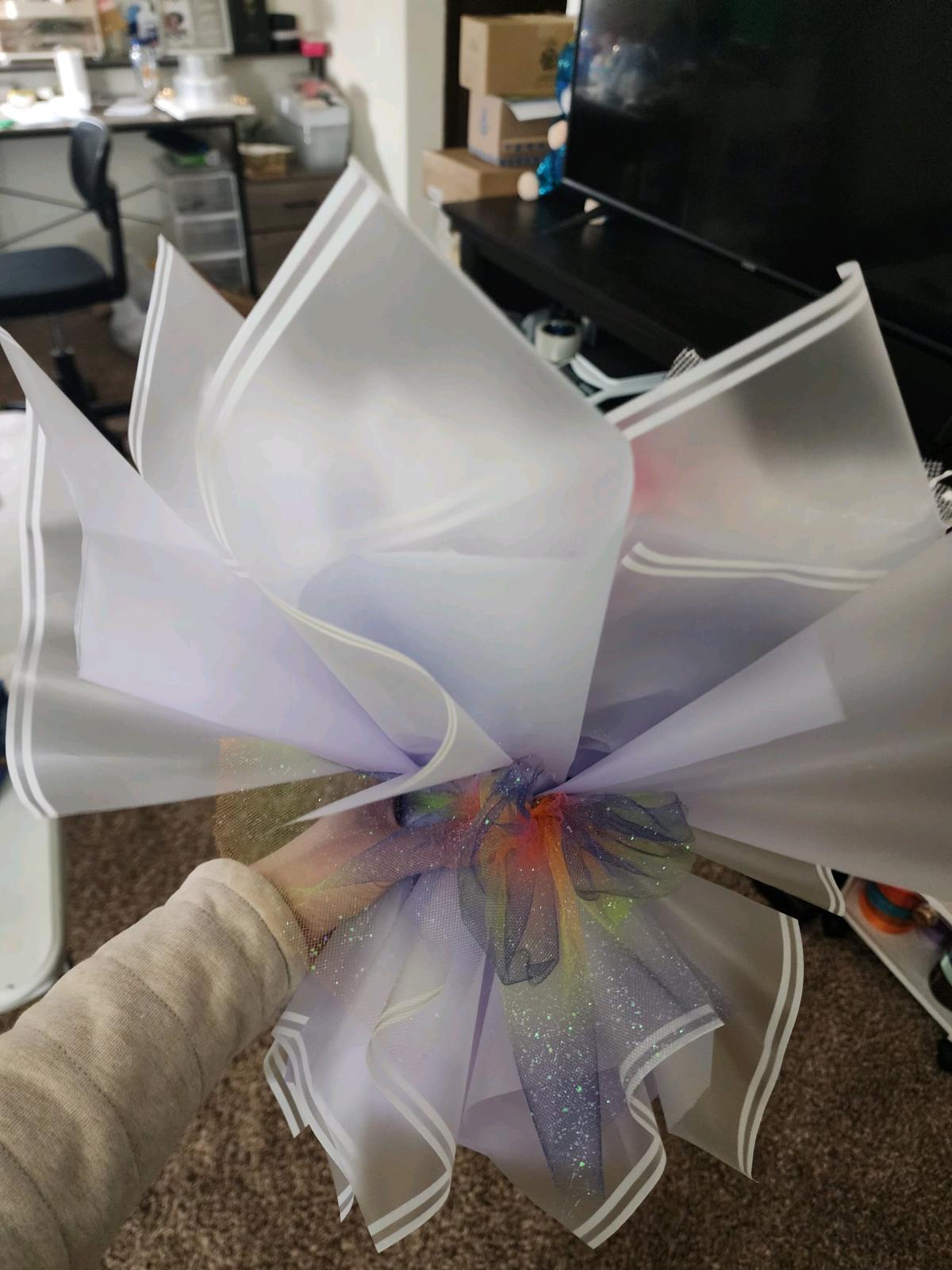 Pink and lavender satin ribbons roses bouquet