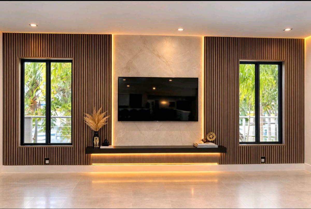Custom TV Wall Design Fireplaces Wood Slat Stone Accent Wall
